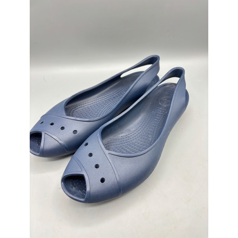Croc  Shoes Womens 10 Peep Toe Flats Navy Blue Slingback Comfort‎